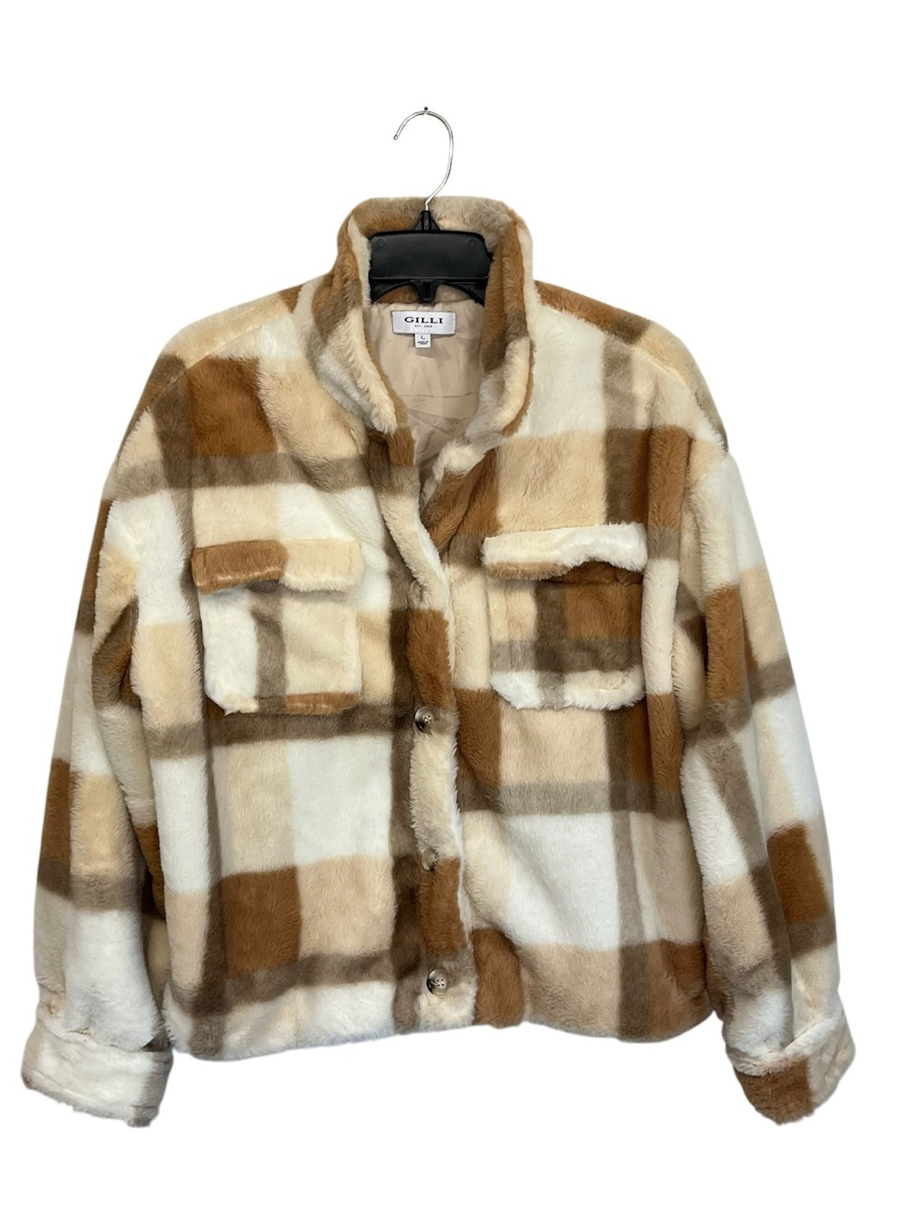 GILLI | Utility Faux Fur Plaid Brown white Fuzzy Shacket L